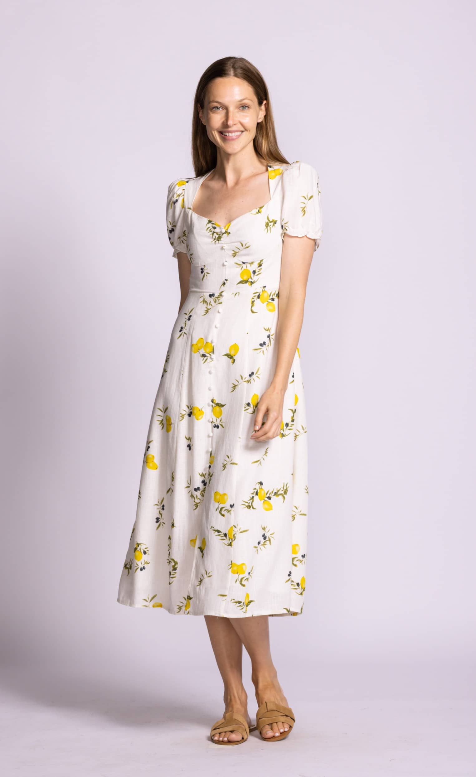 Pink Martini Sorrento dress lemon print midi smiling front view Lemonberry Aurora
