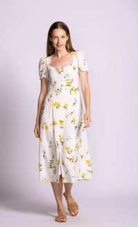 Pink Martini Sorrento dress lemon print midi walking front view Lemonberry Aurora
