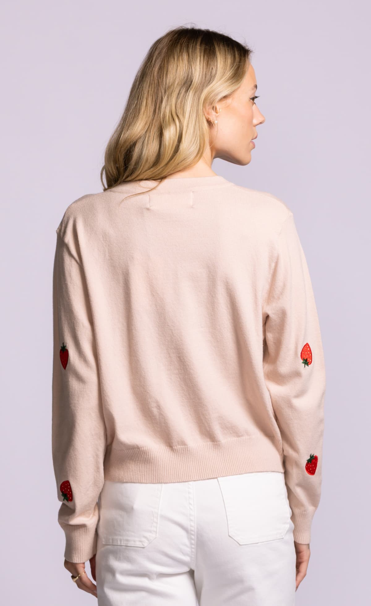 Pink Martini Strawberry cardigan soft pink knit back view Lemonberry Aurora