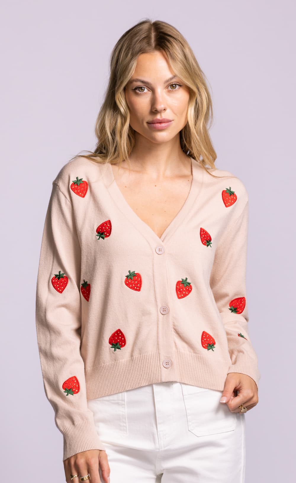 Pink Martini Strawberry cardigan soft pink knit front view Lemonberry Aurora
