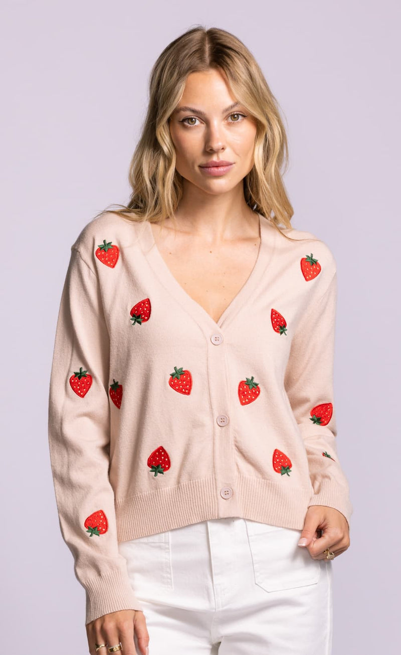 Pink Martini Strawberry cardigan soft pink knit front view Lemonberry Aurora