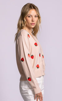Pink Martini Strawberry cardigan soft pink knit side view Lemonberry Aurora