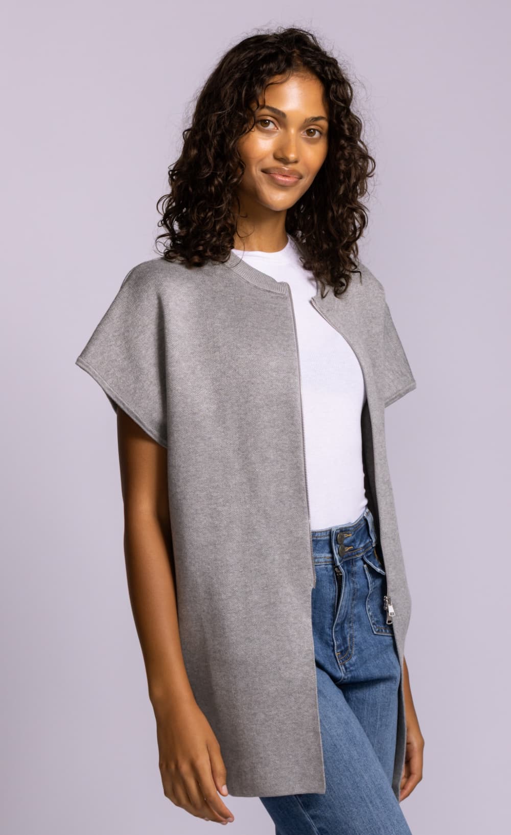 Pink Martini Tonia sweater grey zip knit model view Lemonberry Aurora