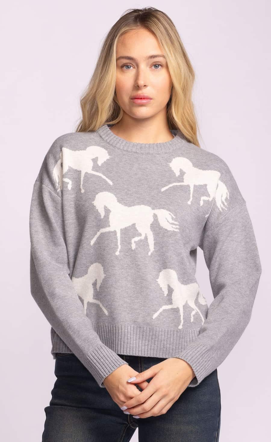Pink Martini Meadow horse knit sweater in Grey, front detail