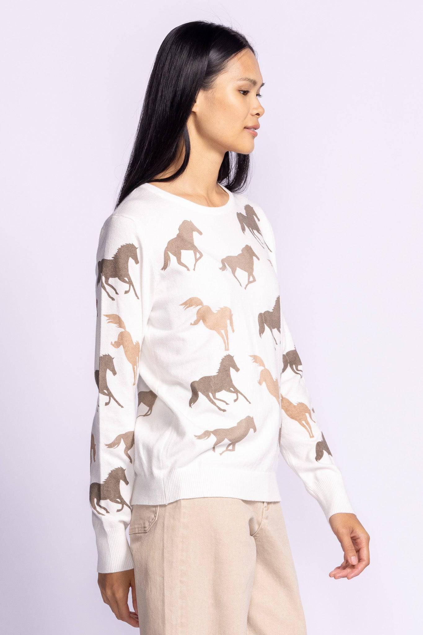 Pink Martini Tops Wild Horses Sweater available at Lemonberry Boutique Aurora