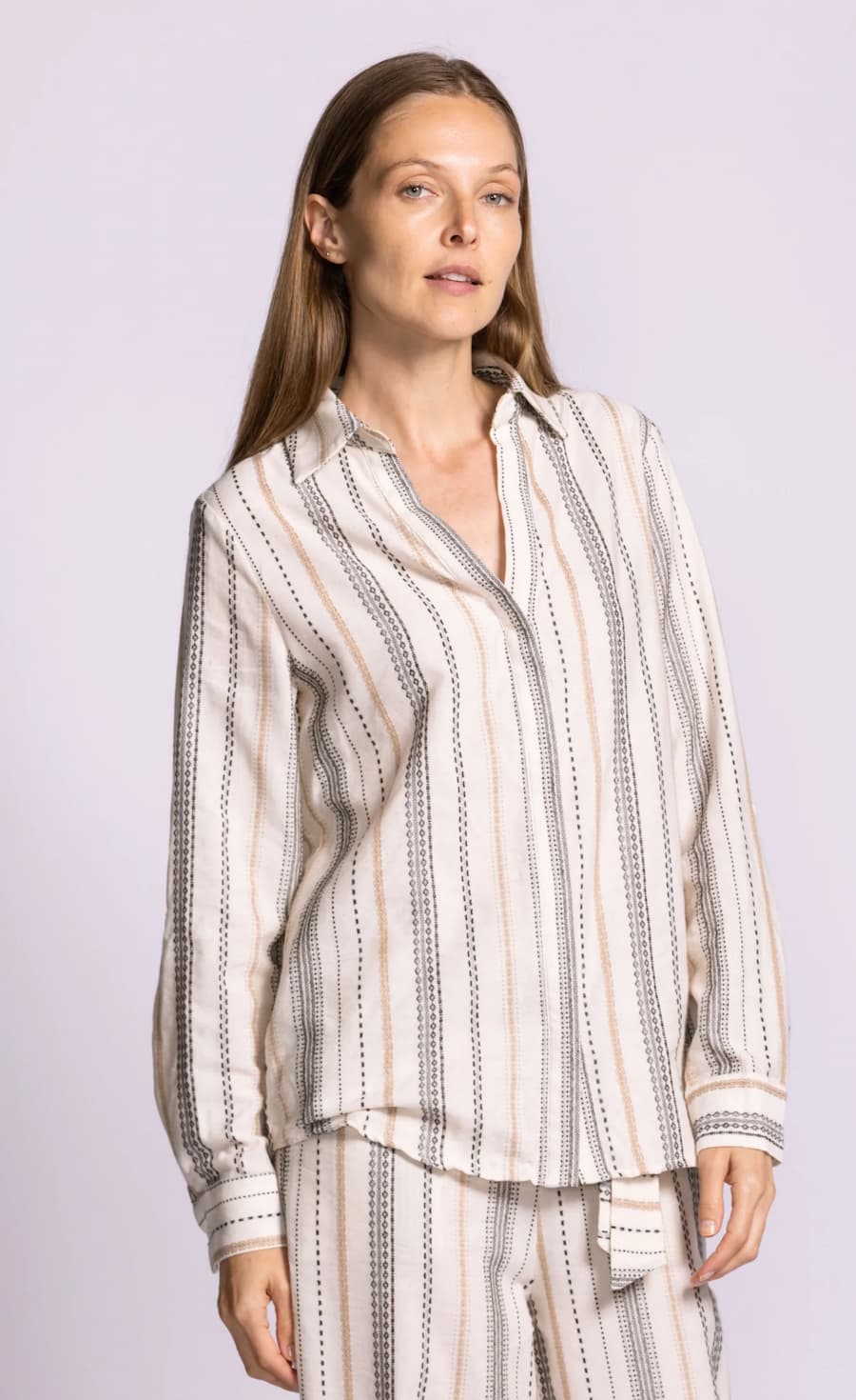 Pink Martini Tuba Top neutral stripe linen blend shirt front view Lemonberry Aurora