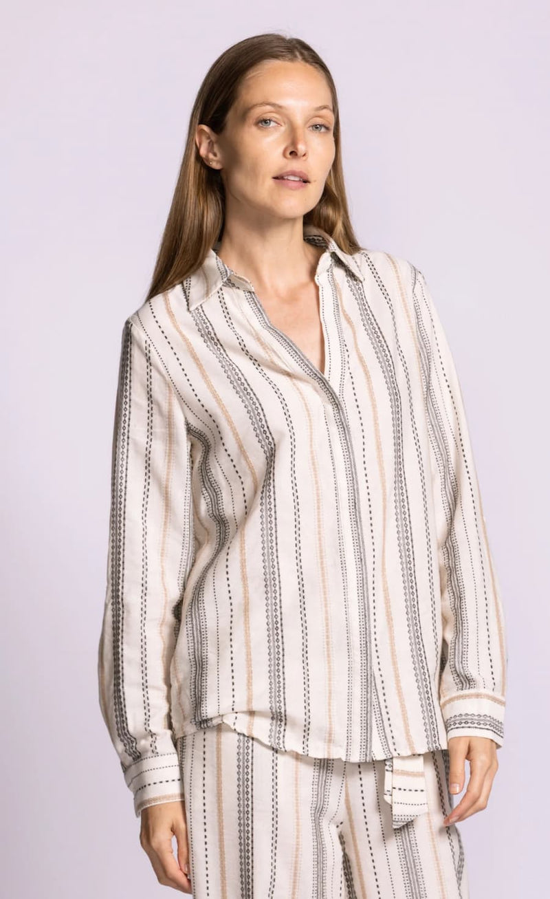 Pink Martini Tuba Top neutral stripe linen blend shirt front view Lemonberry Aurora