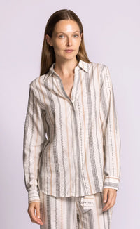Pink Martini Tuba Top neutral stripe linen blend shirt straight front view Lemonberry Aurora