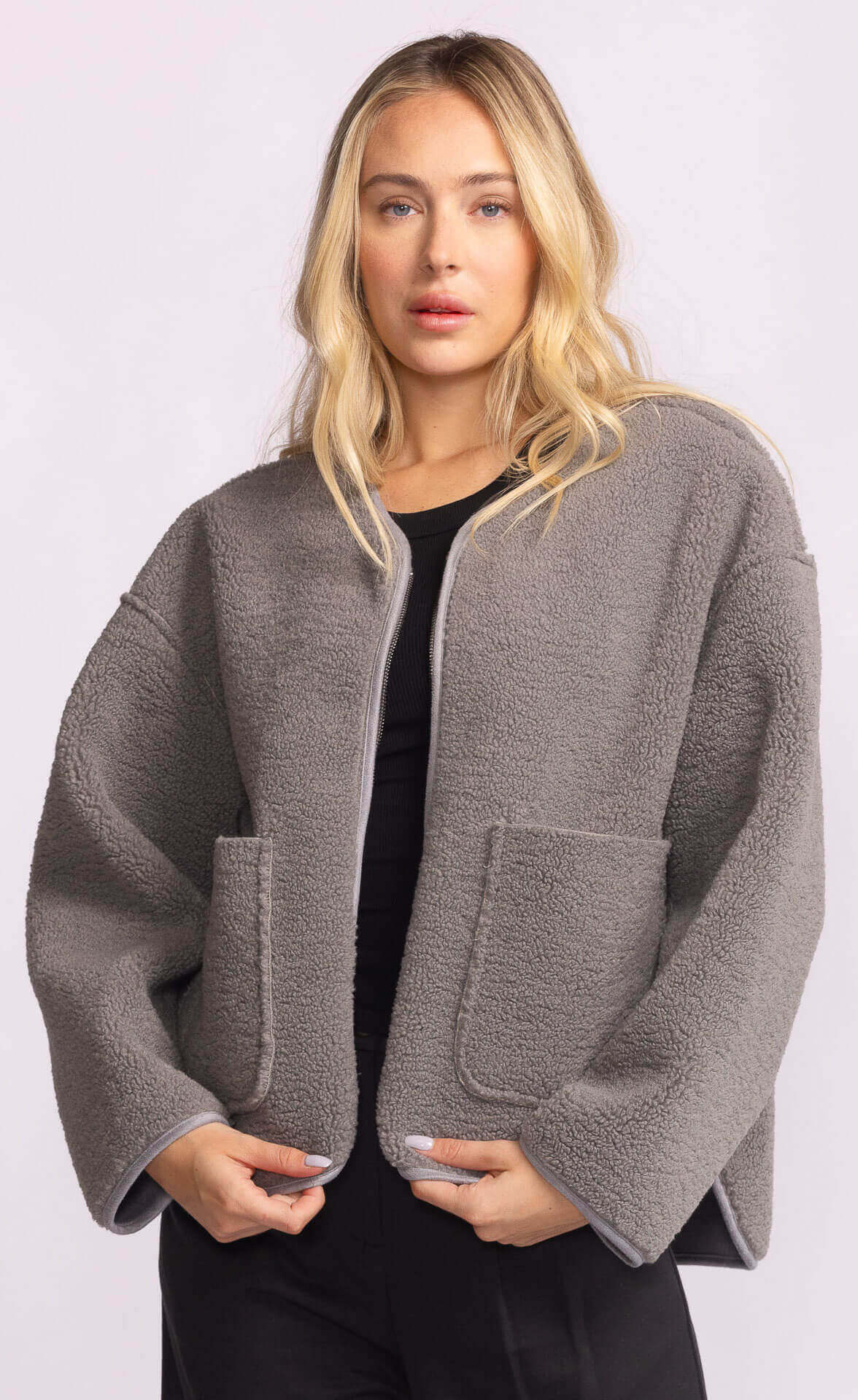 Pink Martini Wynola Jacket in grey fleece – front view on model, Lemonberry Richmond Hill fall outerwear