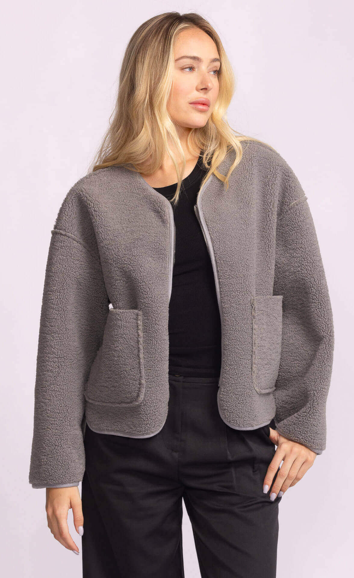 Pink Martini Wynola Jacket in grey fleece – open front view on model, Lemonberry Richmond Hill weekend layer
