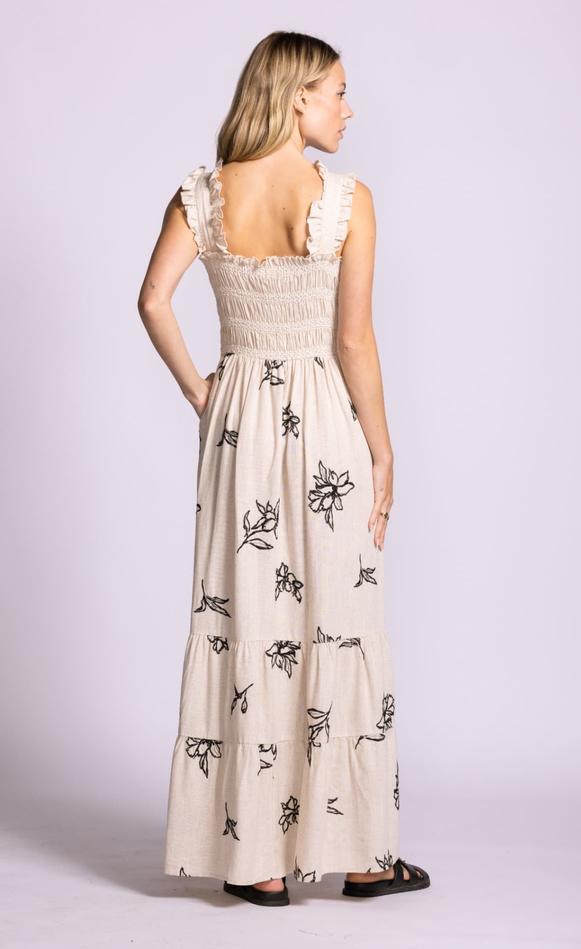 Pink Martini Margate beige floral embroidered maxi dress back view showing smocked bodice