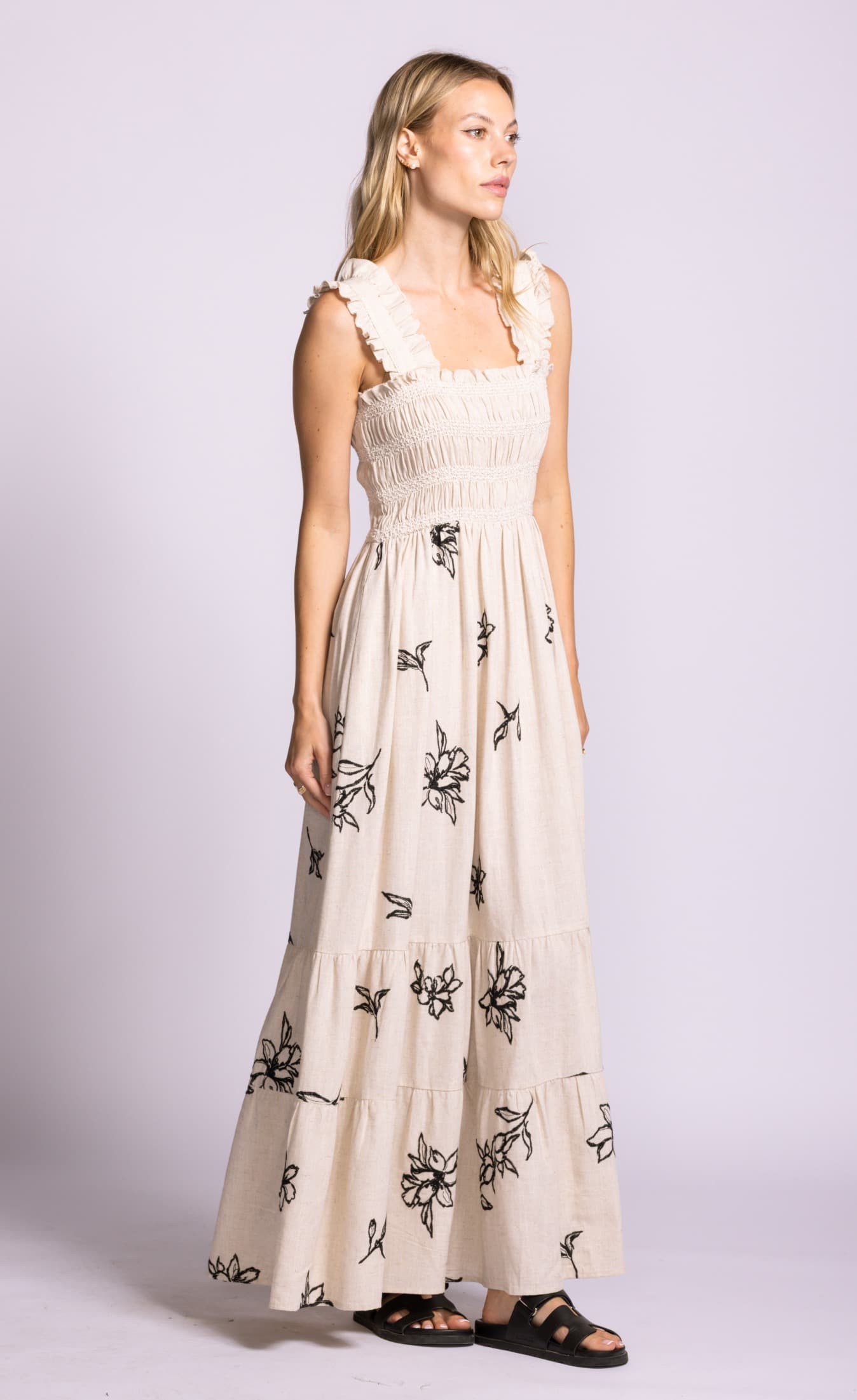 Pink Martini Margate beige floral embroidered maxi dress detail showing smocked bodice and ruffle straps