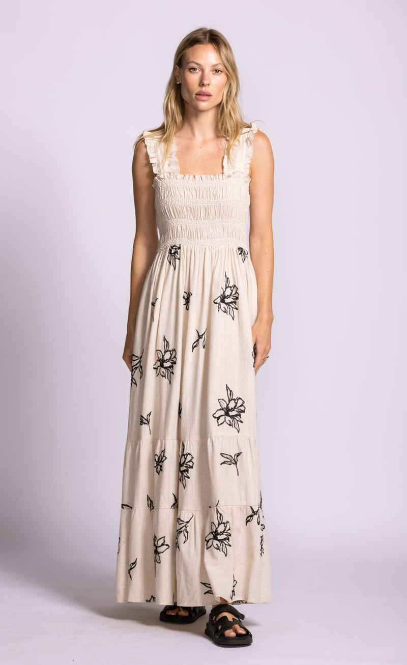 Pink Martini Margate beige floral embroidered maxi dress front view