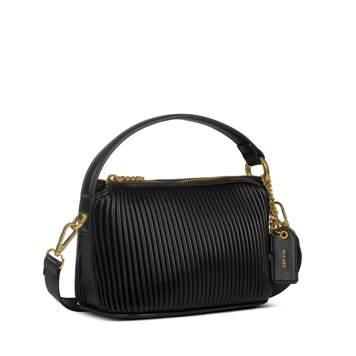 Mood Ella pleated crossbody in black, front angle view with top handle—available at Lemonberry in Aurora and Barrie.