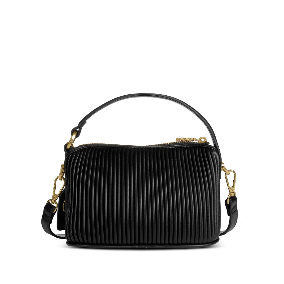 Pixie Mood Ella pleated crossbody in black, front view with top handle—available at Lemonberry in Aurora close to Barrie.