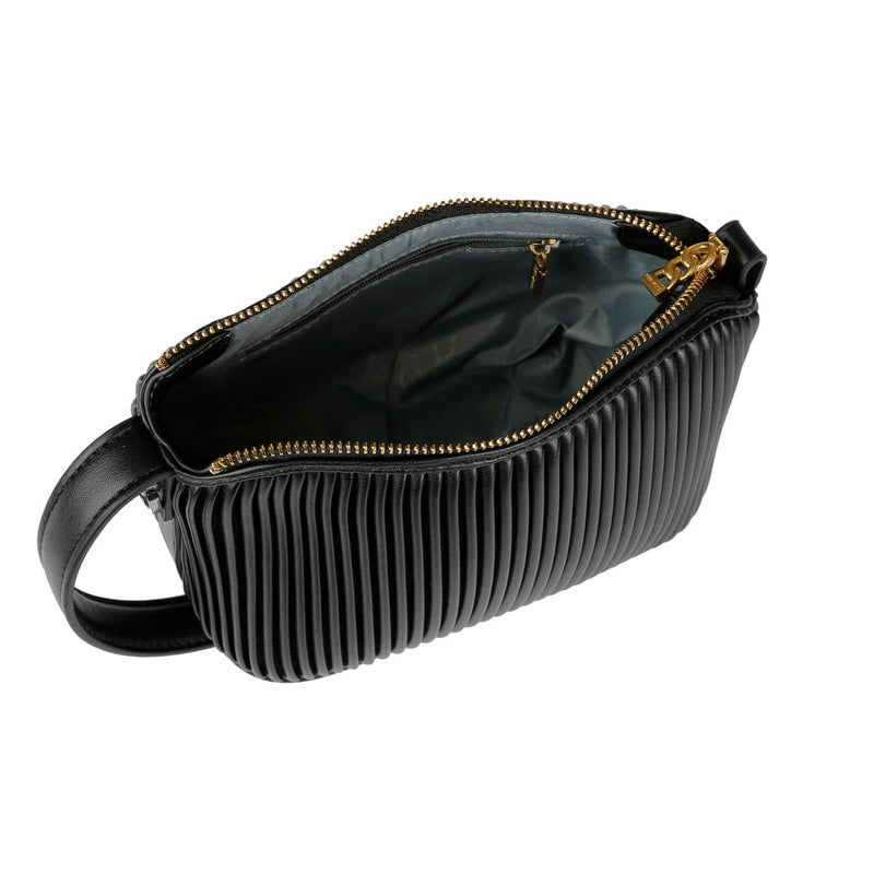 Interior view of Pixie Mood Ella black showing zip and slip pocket compartments—eco vegan leather.