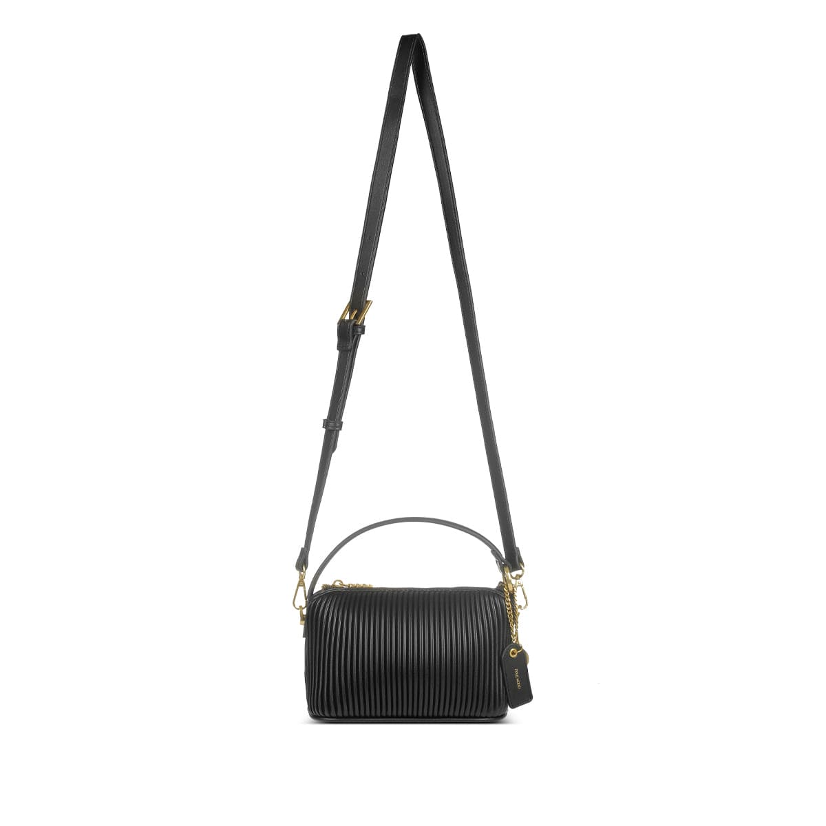 Pixie Mood Ella in black shown with long crossbody strap and pleated vegan leather texture—shop Lemonberry Canada.