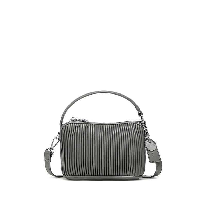 Front view of Pixie Mood Ella bag in slate grey pleated vegan leather, compact and versatile—Lemonberry boutique.