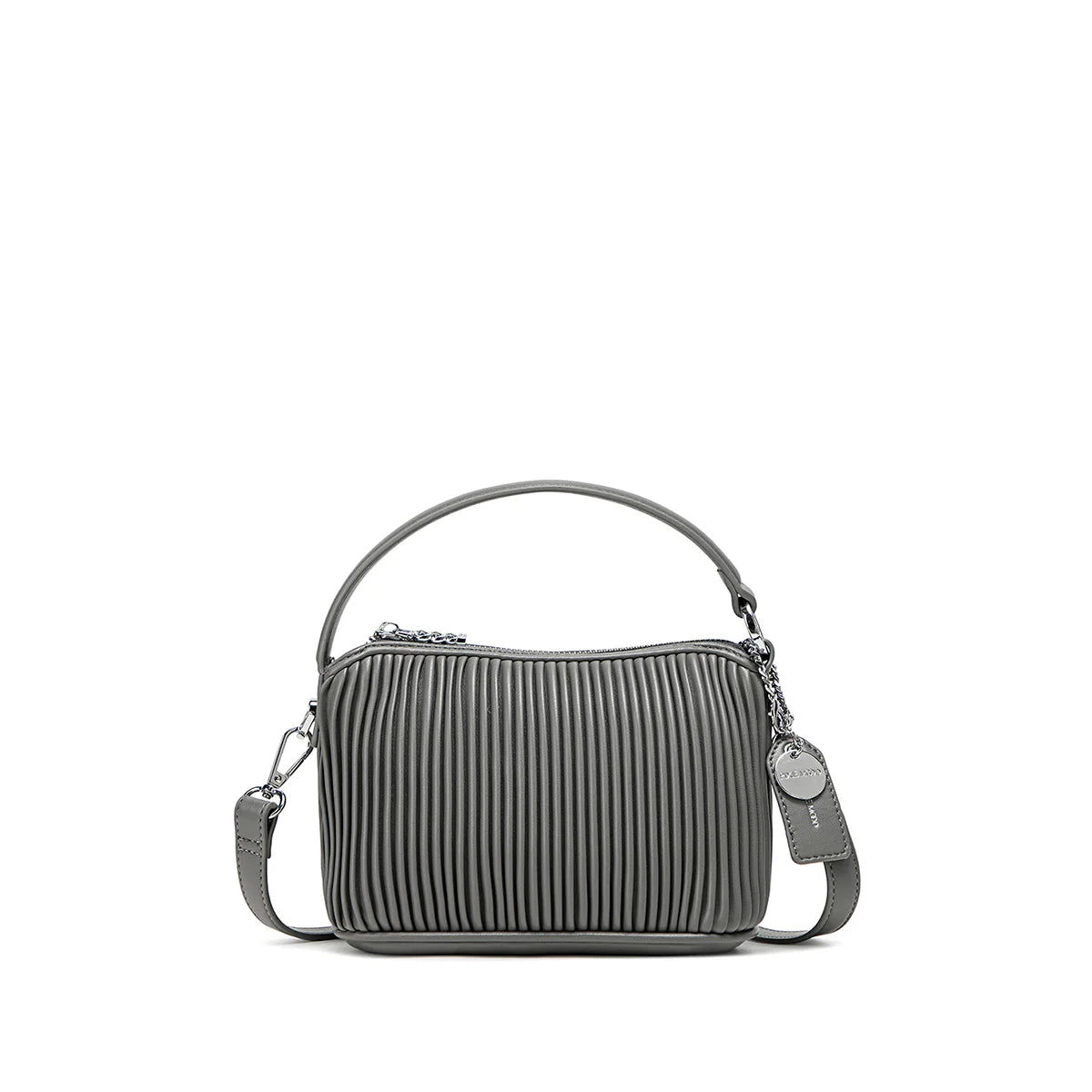 Pixie Mood Ella pleated crossbody in slate grey, front view—styled for city wear, available from Lemonberry, just south of Barrie.