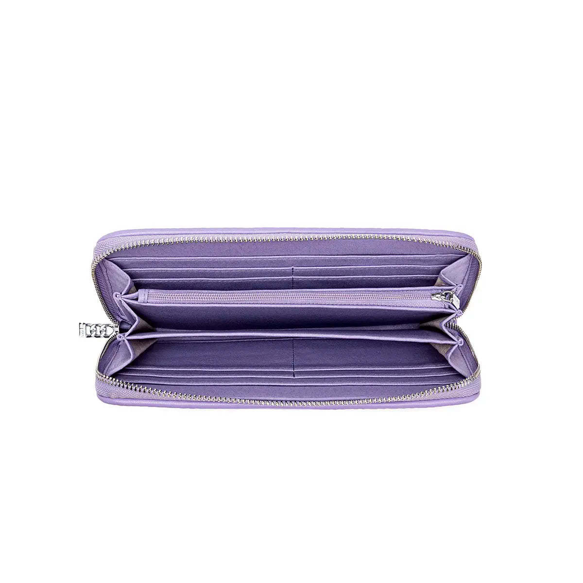 Interior of Pixie Mood Sandy Wallet in Lavender with card slots, bill sections, and zip pocket, RFID-protected – Lemonberry.
