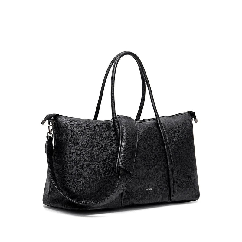 angled view of black vegan leather amara weekender travel bag, lemonberry aurora