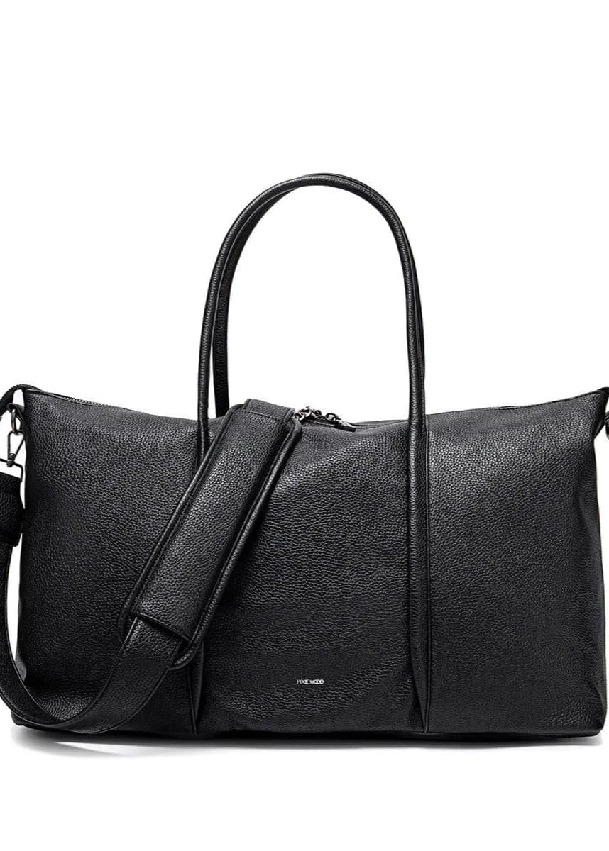 front close up of black pixie mood amara weekender vegan leather bag, lemonberry aurora