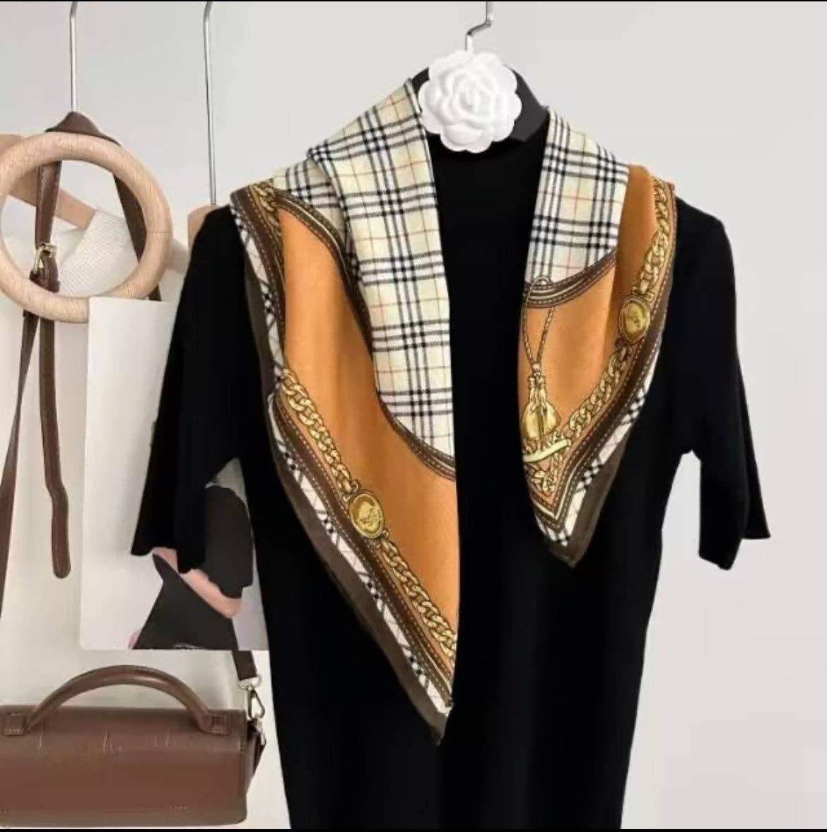 plaid chain scarf styled around neck lightweight square scarf