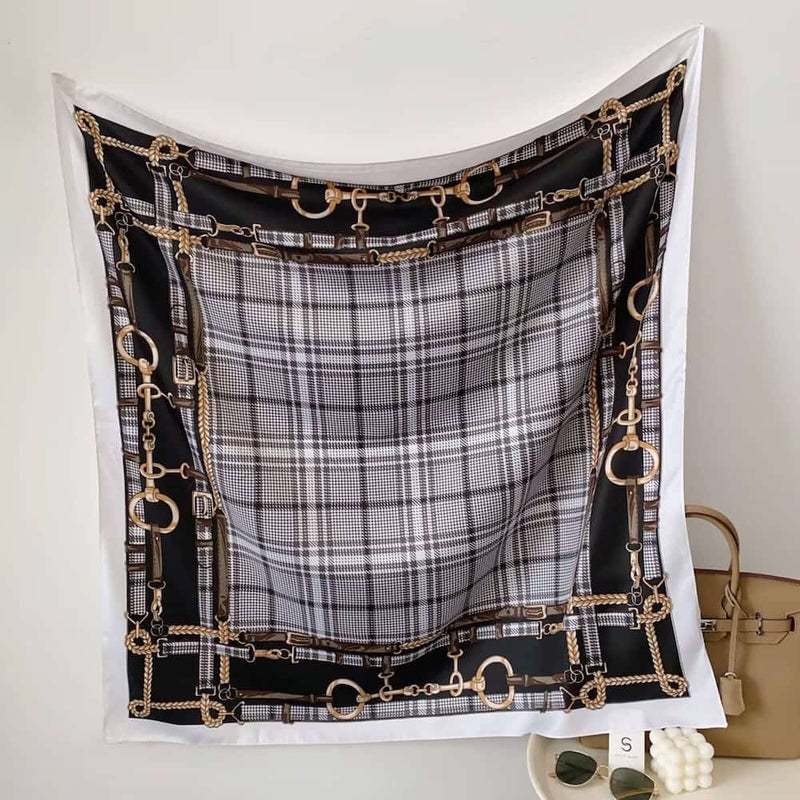 Plaid horse bit square scarf draped styling view Lemonberry Aurora