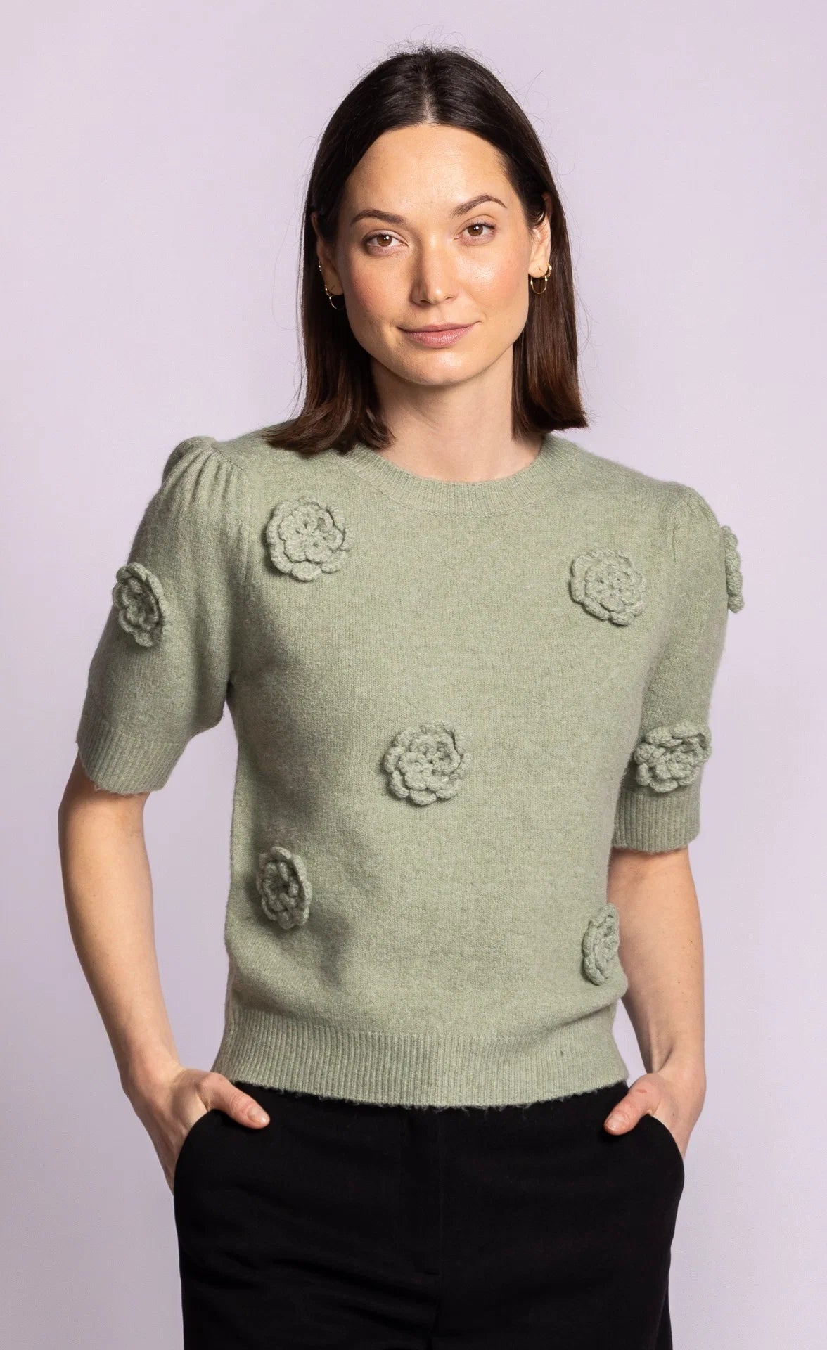 Pink Martini Roslyn 3D Rosette Short-Sleeve Sweater