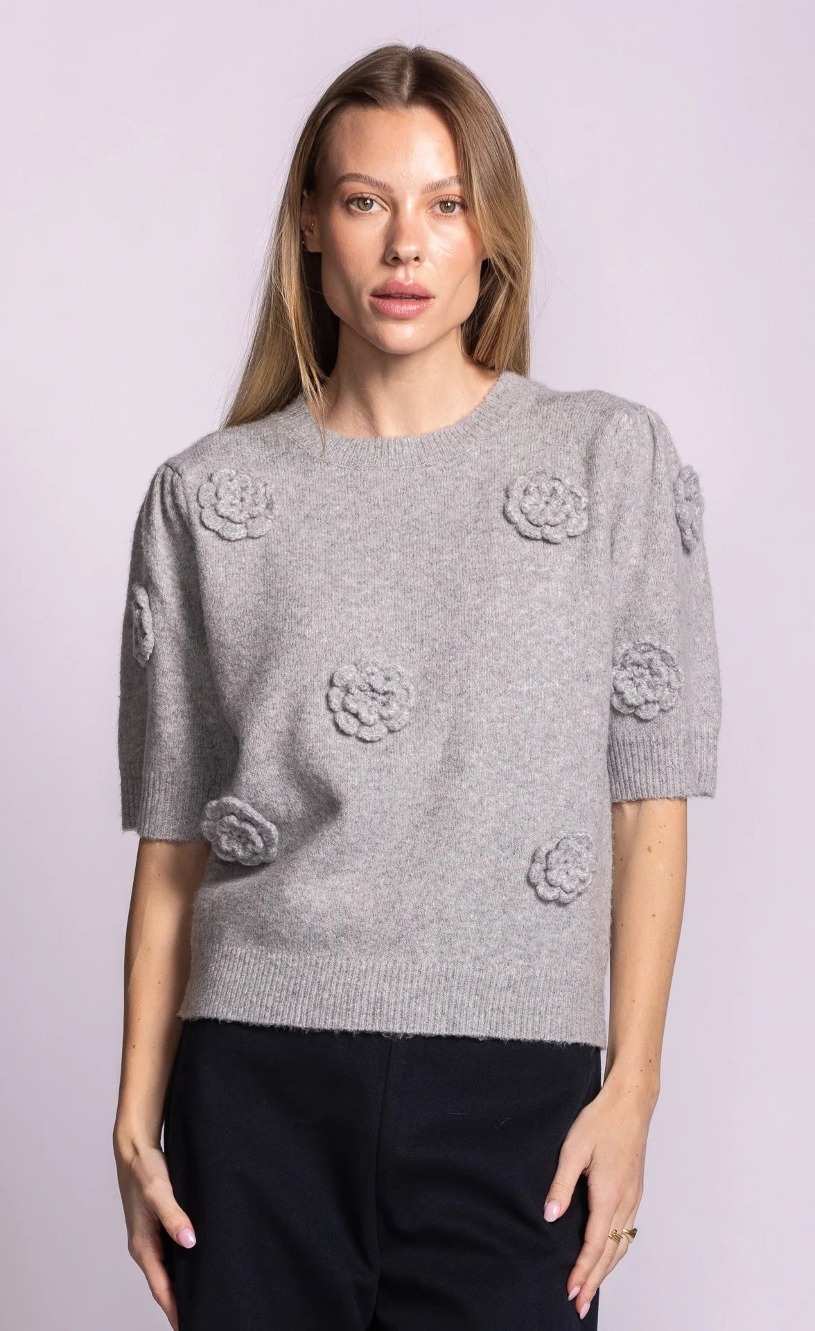 Pink Martini Roslyn 3D Rosette Short-Sleeve Sweater