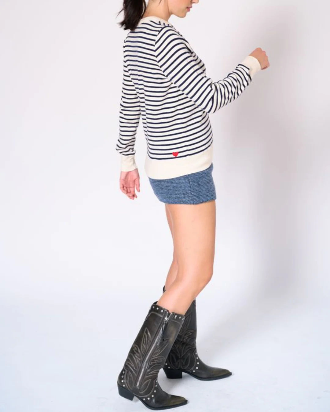 Side view of Preloved Genevieve striped cotton crew neck top