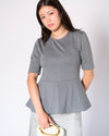 grey peplum top ponte knit front view with upcycled heart patch Preloved Lemonberry Aurora