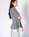 grey ponte knit peplum top side view Preloved with heart detail Lemonberry Aurora worn