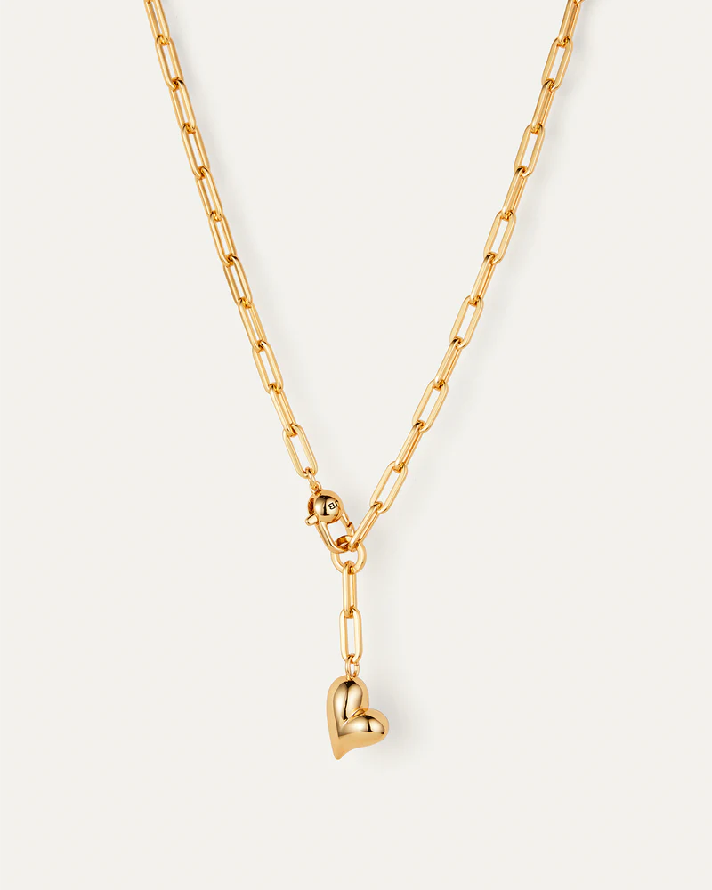 Jenny Bird Puffy Heart Necklace 14K gold paperclip chain — Lemonberry Aurora flat lay