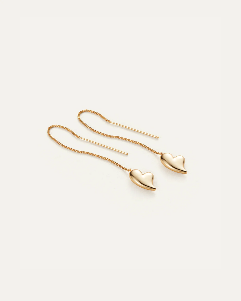 Gold puffy heart threader earrings pair laid flat, Jenny Bird — Lemonberry Aurora