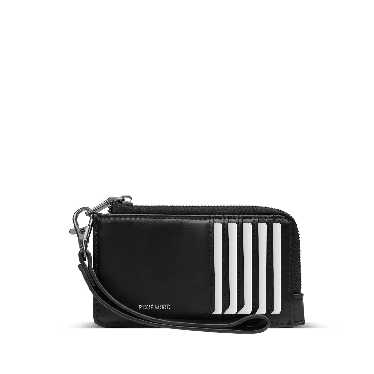 Black Quinn Card Wallet filled with cards in front slots