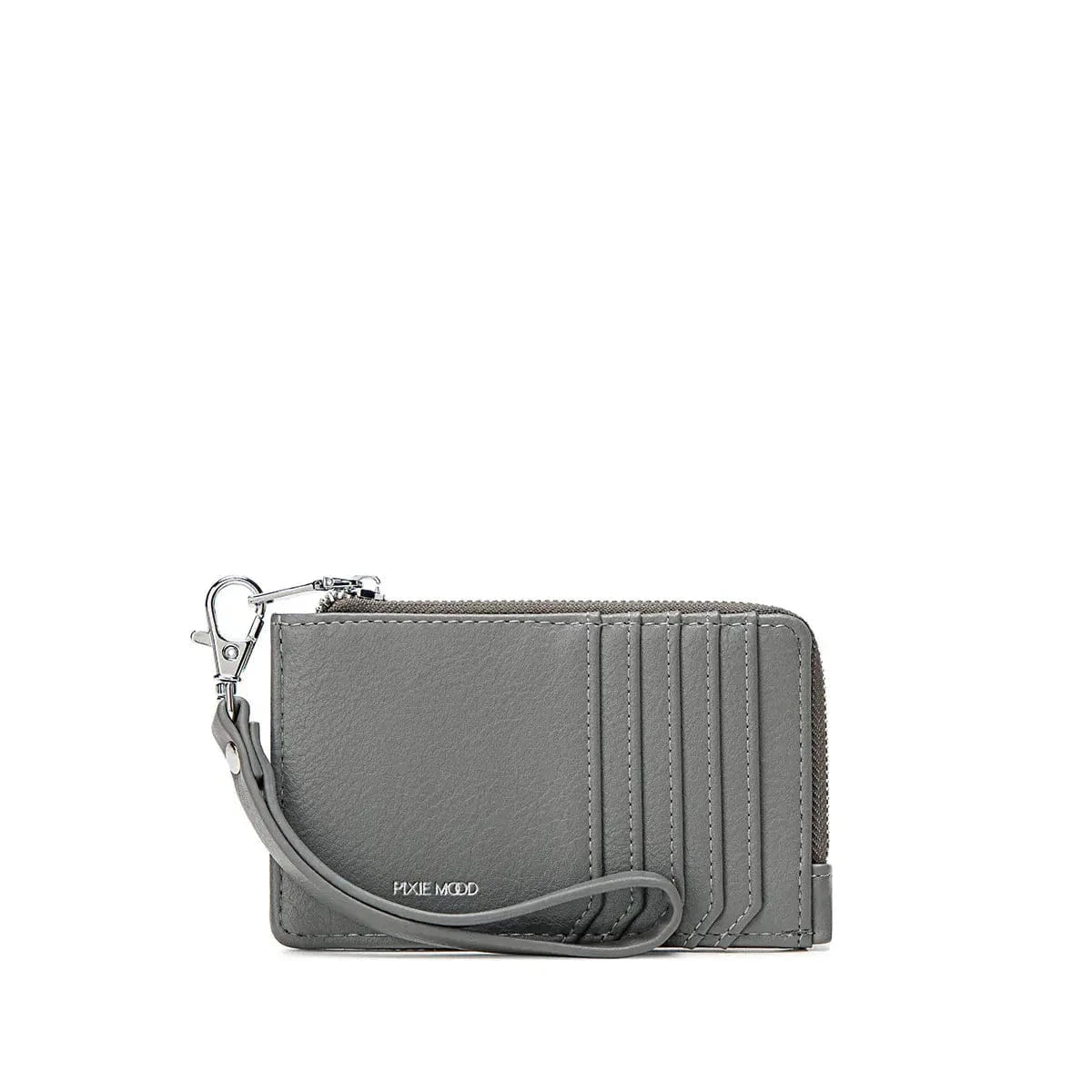 Grey Quinn Card Wallet front view with card slots and wristlet