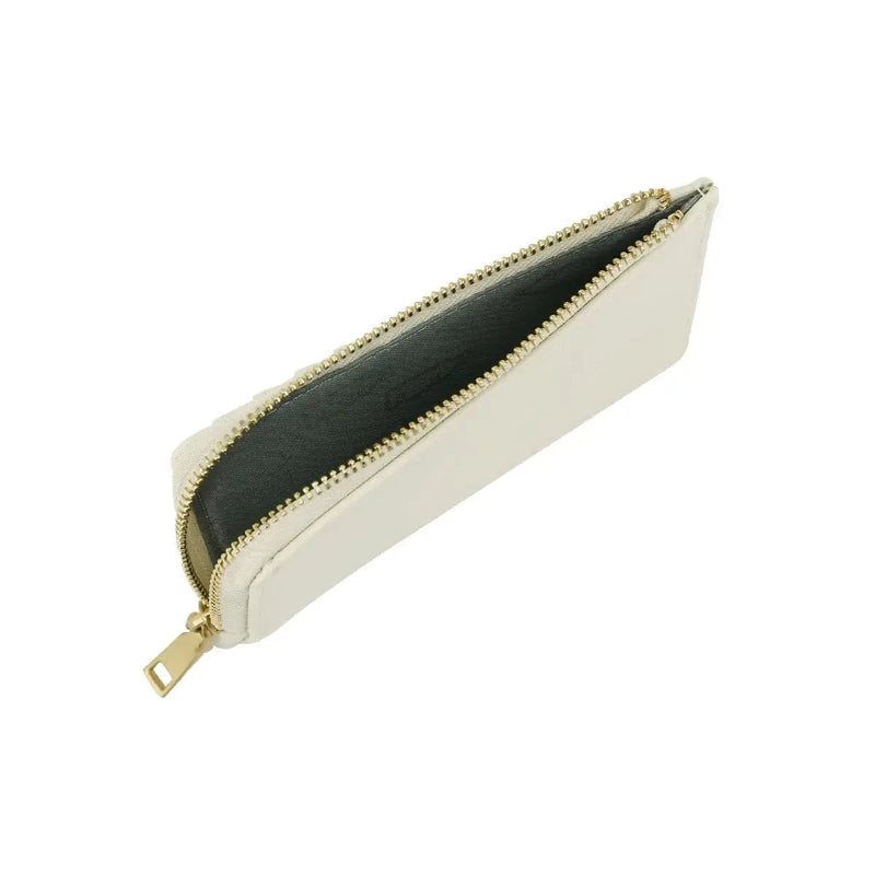 Interior of white Quinn Card Wallet with gold zipper open