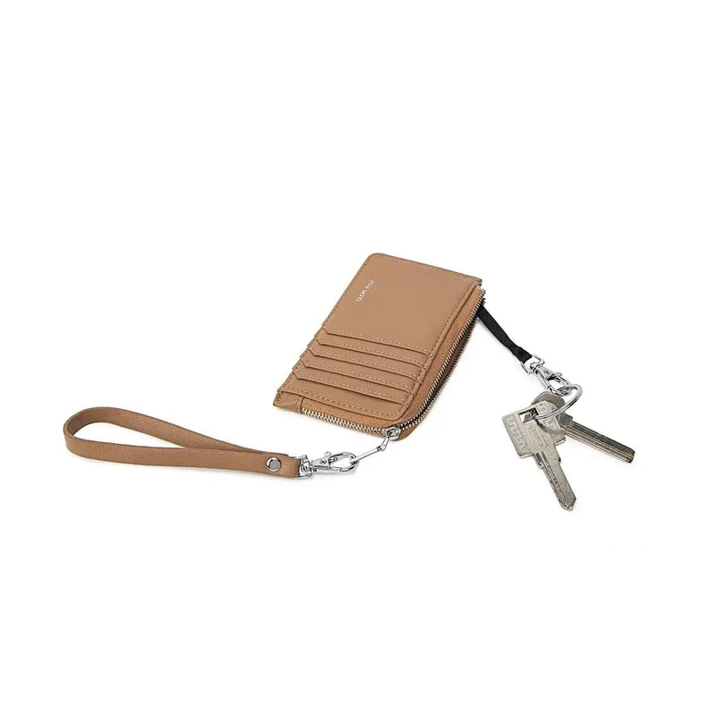 Brown Quinn Card Wallet with wristlet strap attached to keys