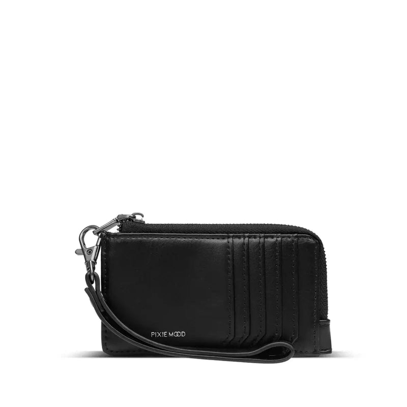 Quinn Card Wallet in black vegan leather with front card slots and zip pouch