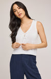 Close-up of the Rebel Tank's tie-front design and textured cotton slub material by Gentle Fawn.