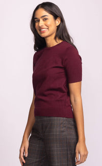 Close-up of Pink Martini Remo Top in deep purple viscose blend knit, fine texture – available at Lemonberry near Toronto