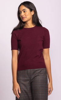 Side view of Pink Martini Remo Top in deep purple knit, slim fit with crew neckline – available at Lemonberry near Toronto