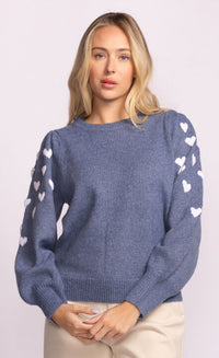 Pink Martini Revello Sweater in blue knit with white heart embroidery on sleeves – available at Lemonberry Aurora
