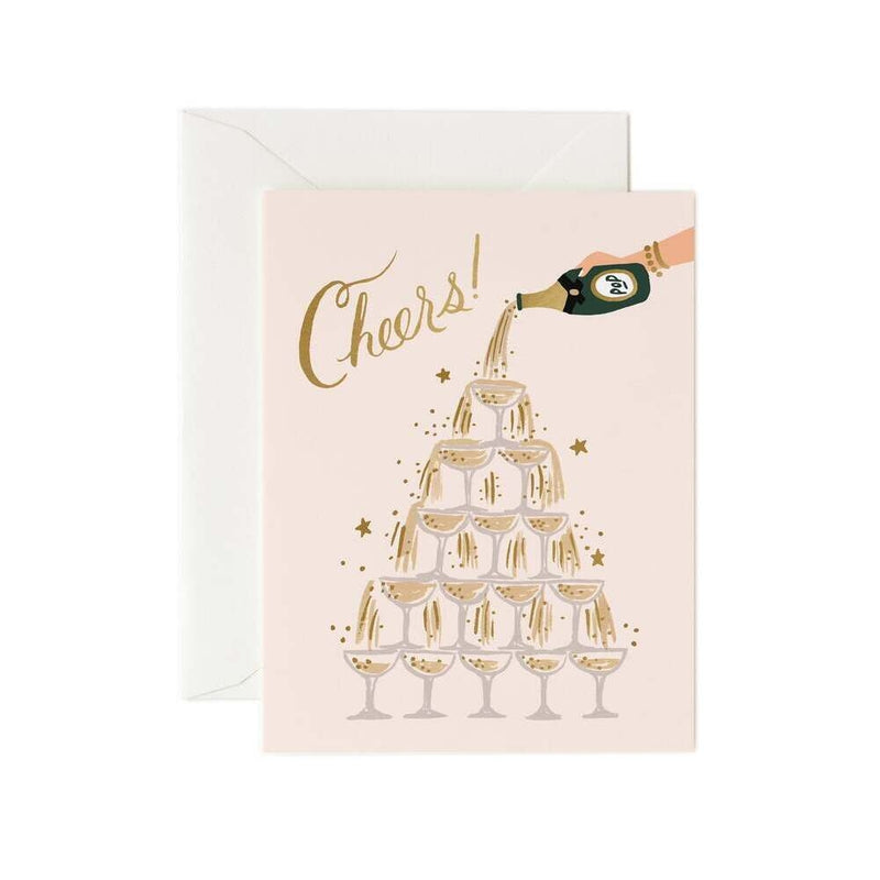 Champagne Tower Cheers Card by Rifle Paper Co. with gold foil champagne glasses and Cheers text, blank inside