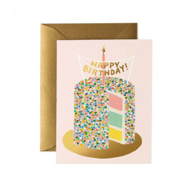 Layer Cake Birthday Card by Rifle Paper Co. featuring rainbow sprinkles and gold foil with gold envelope