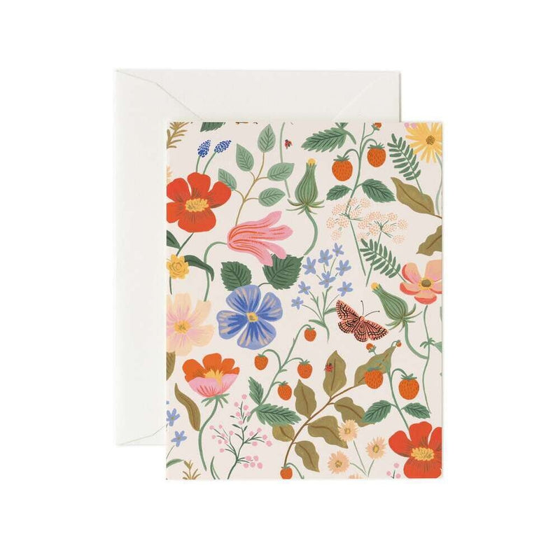 Strawberry Fields Cream Card by Rifle Paper Co. with floral and strawberry illustration, shop online in Halifax at Lemonberry