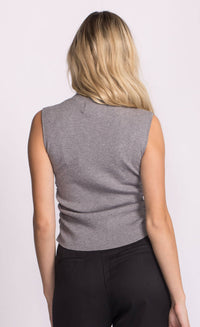Back view of grey Rosslie sleeveless knit sweater showing smooth knit finish and mock neckline.