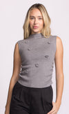 Front view of grey Rosslie knit top with floral appliqués and modern sleeveless cut.
