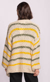 Back view of Pink Martini Samoa Sweater in cream, olive, and yellow stripes – photographed at Lemonberry